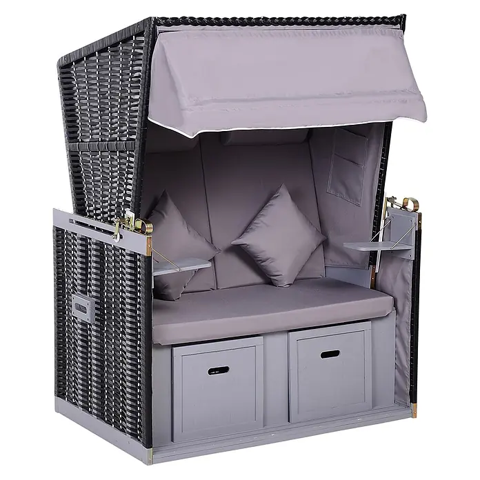Outsunny Strandstuhl - Grau, B x T x H: 79 x 190 x 150 cm - Dunkelgrauer Strandkorb aus Rattan mit hellgrauen Kissen und Verdeck, ausziehbaren Beistelltischen und zwei Schubladen.