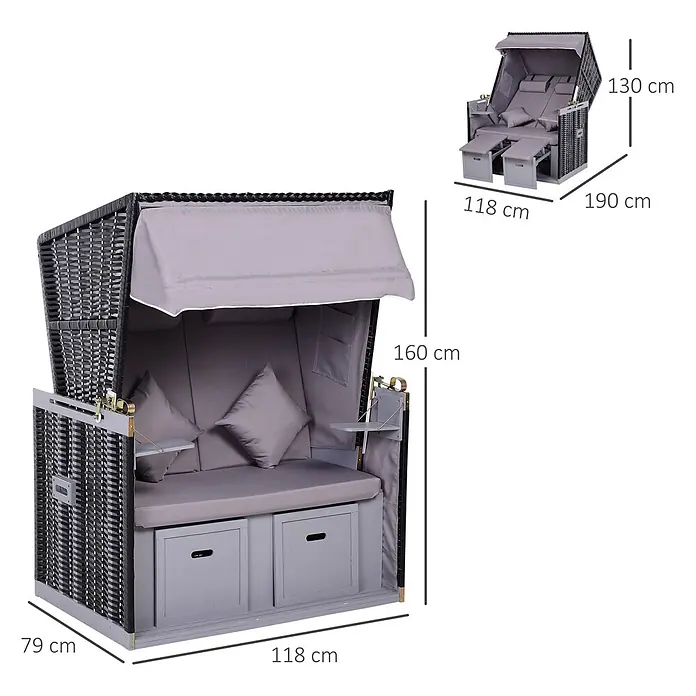 Outsunny Strandstuhl - Grau, B x T x H: 79 x 190 x 150 cm - Ein grauer und schwarzer Strandkorb aus Geflecht mit Verdeck, grauen Polstern, ausziehbaren Fußteilen, Beistelltischen und Stauschubladen.
