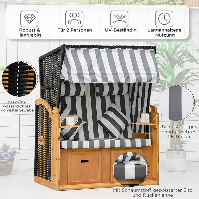 Outsunny Strandstuhl - Grau+Weiß - Ein Strandkorb aus Holz und schwarzem PE-Rattan mit grau-weiß gestreiften, wasserdichten Polstern und Verdeck, Stauraum und für zwei Personen.