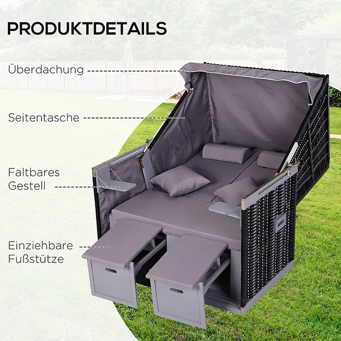 Outsunny Strandstuhl - Grau, B x T x H: 79 x 190 x 150 cm - Schwarz/grauer Strandkorb mit Verdeck, Seitentaschen, faltbarem Gestell und ausziehbaren Fußstützen.