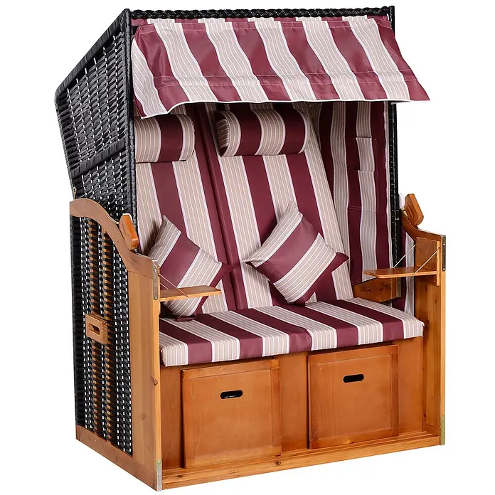 Outsunny Strandstuhl - Rot+Weiß, B x T x H: 79 x 188 x 160 cm - Zweisitziger Strandkorb mit rot-beigem Streifenstoff, dunklem Geflecht, Holzrahmen, integrierten Schubladen und Beistelltischen.