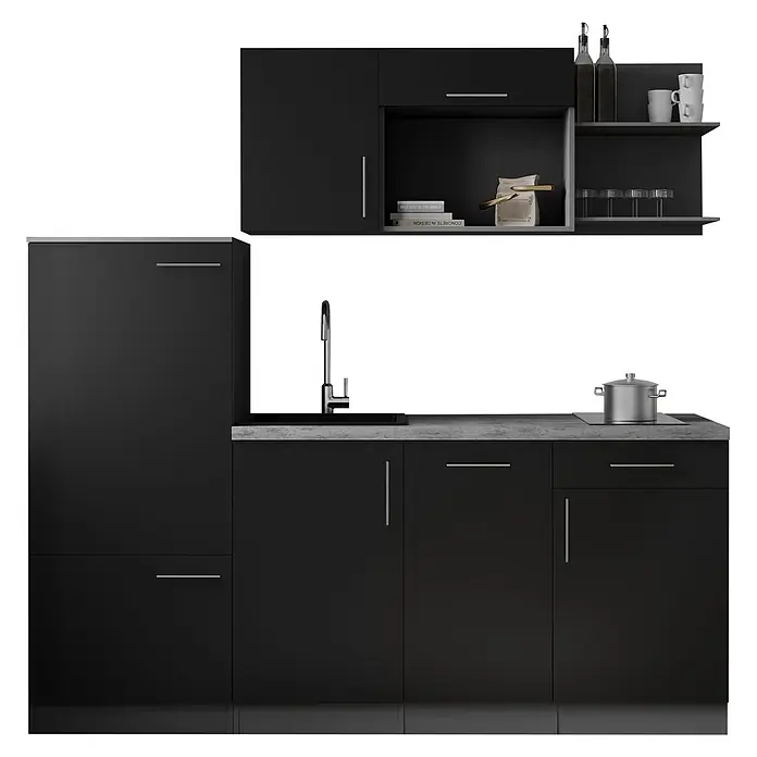 Respekta Oliver Küchenzeile - Breite: 205 cm, Schwarz, Mit Elektrogeräten - Moderne schwarze Küchenzeile mit grauer Arbeitsplatte, Spüle, Herd und offenen Regalen mit verschiedenen Küchenutensilien.