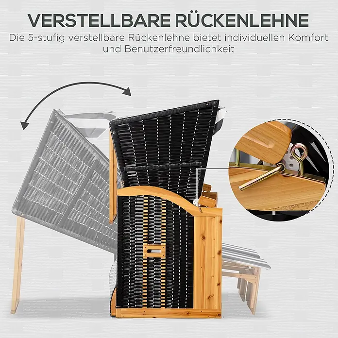 Outsunny Strandstuhl - Grau+Weiß - Schwarzer Strandkorb aus Polyrattan mit Naturholzrahmen, der seine 5-stufig verstellbare Rückenlehne für individuellen Komfort zeigt.