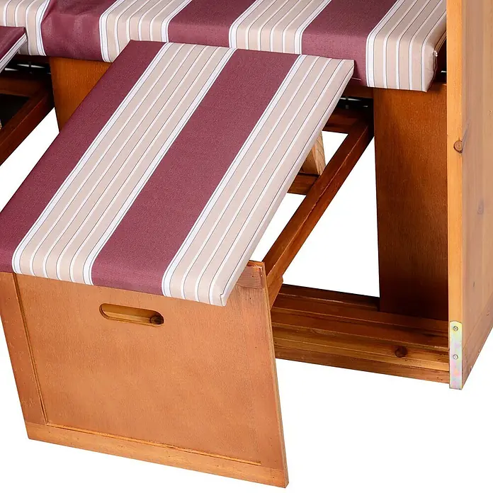 Outsunny Strandstuhl - Rot+Weiß, B x T x H: 79 x 188 x 160 cm - Verstellbarer Holz-Gartenstuhl mit gestreiftem Kissen in Bordeauxrot, Beige und Weiß.