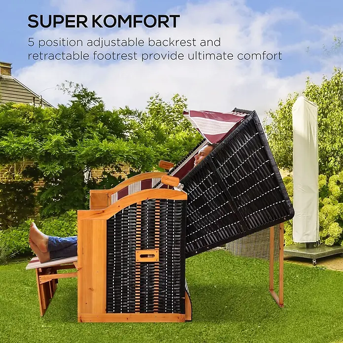 Outsunny Strandstuhl - Rot+Weiß, B x T x H: 79 x 188 x 160 cm - Dunkler Strandkorb aus Geflecht mit Holzrahmen und gestreiftem Verdeck, verstellbare Rückenlehne und ausziehbare Fußstütze zum Entspannen.