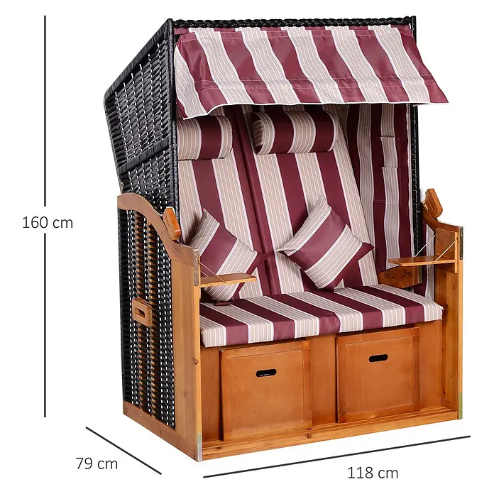 Outsunny Strandstuhl - Rot+Weiß, B x T x H: 79 x 188 x 160 cm - Zweisitziger Strandkorb aus Holz und dunklem Geflecht mit rot-beige gestreiften Polstern, Markise, Schubladen und ausklappbaren Beistelltischen.