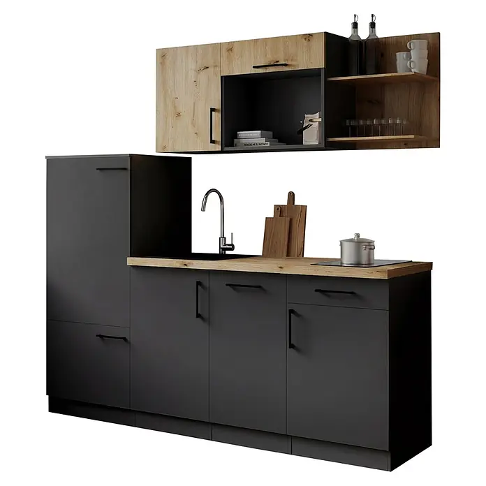 Respekta Oliver Küchenzeile - Breite: 205 cm, Grau/Holz, Mit Elektrogeräten - Modernes Küchenset mit dunkelgrauen Unterschränken, heller Holzplatte und passenden Hängeschränken.