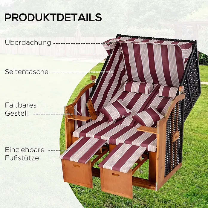 Outsunny Strandstuhl - Rot+Weiß, B x T x H: 79 x 188 x 160 cm - Rot-beige gestreifter Strandkorb mit Holzrahmen, Überdachung, Seitentaschen und ausziehbaren Fußstützen.