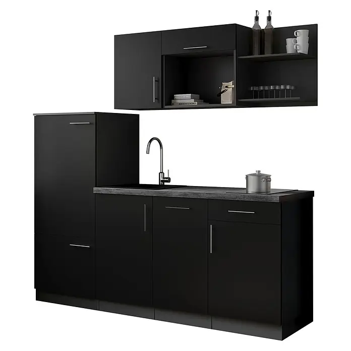 Respekta Oliver Küchenzeile - Breite: 205 cm, Schwarz, Mit Elektrogeräten - Schwarze, moderne Küchenzeile mit Ober- und Unterschränken, Spüle, Wasserhahn, grauer Arbeitsplatte und silbernen Griffen.