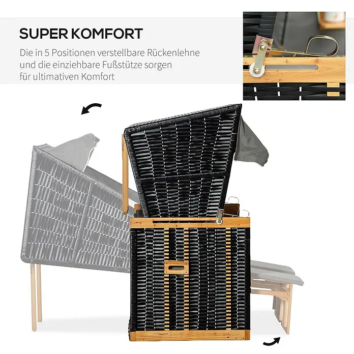 Outsunny Strandstuhl - Holz, PE-Ratten, Polyester, Schaumstoff, Ausziehbar, Hellgrau, B x T x H: 79 x 190 x 160 cm - Schwarzer Strandkorb aus Polyrattan mit Holzrahmen, zeigt verstellbare Rückenlehne und ausziehbare Fußstütze für Komfort.