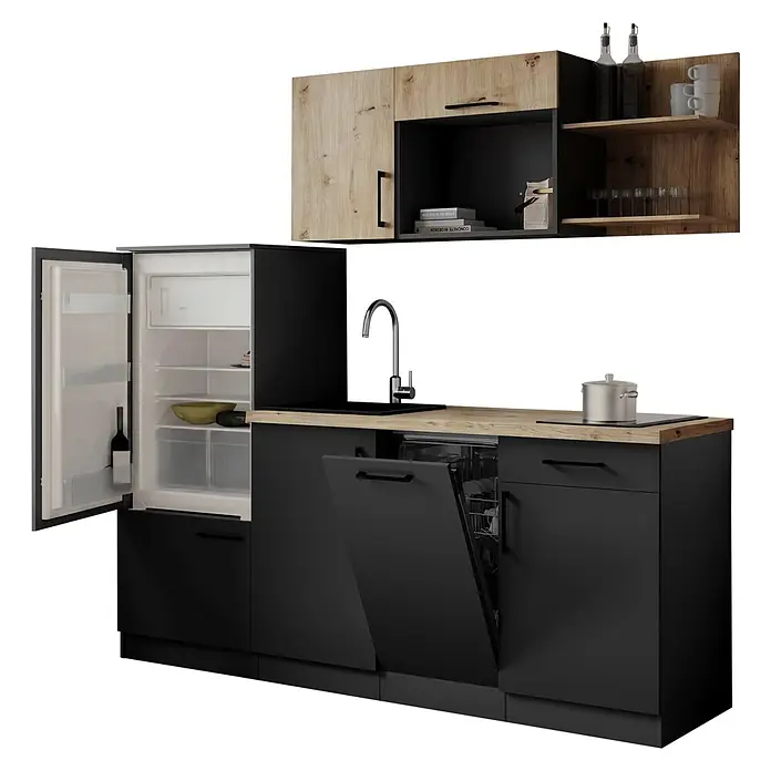 Respekta Oliver Küchenzeile - Breite: 205 cm, Grau/Holz, Mit Elektrogeräten - Moderne Modulküche mit schwarzen Unterschränken, heller Holz-Arbeitsplatte und schwarzen/Holz-Oberschränken, mit offenem Kühlschrank, Spüle und Geschirrspüler.
