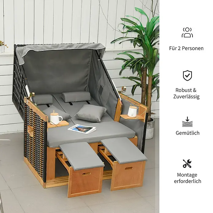 Outsunny Strandstuhl - Holz, PE-Ratten, Polyester, Schaumstoff, Ausziehbar, Hellgrau, B x T x H: 79 x 190 x 160 cm - Doppelstrandkorb aus Holz mit dunkelgrauen Polstern, Verdeck, schwarzen Geflechtseiten, ausziehbaren Fußstützen und Beistelltischen.
