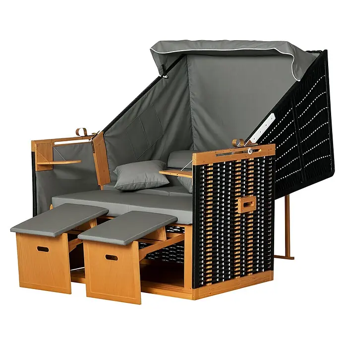 Outsunny Strandstuhl - Holz, PE-Ratten, Polyester, Schaumstoff, Ausziehbar, Hellgrau, B x T x H: 79 x 190 x 160 cm - Strandkorb aus Holz und dunkelgrauem Stoff mit ausziehbaren Fußteilen und Beistelltischen, inklusive grauen Polstern.