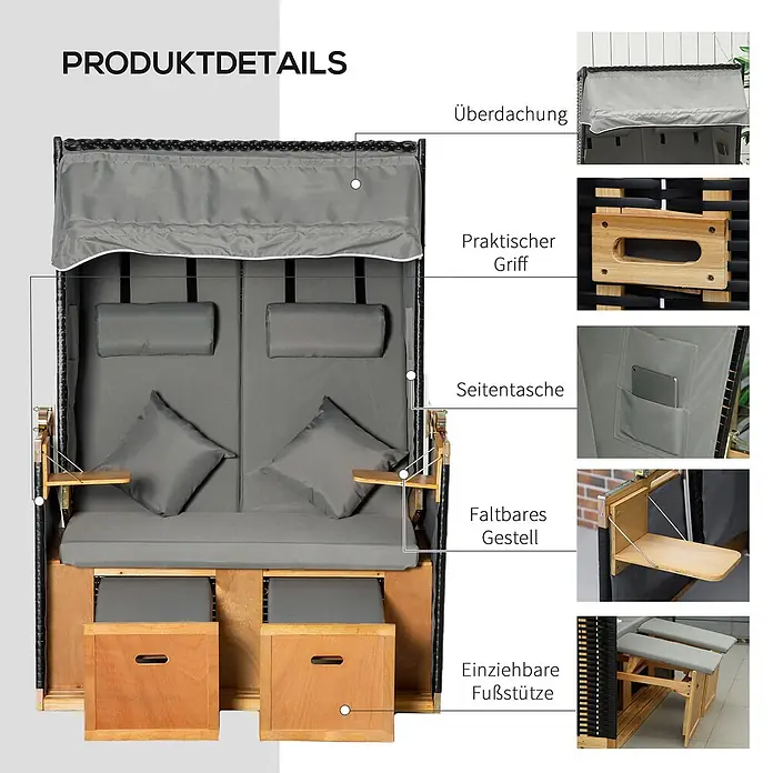 Outsunny Strandstuhl - Holz, PE-Ratten, Polyester, Schaumstoff, Ausziehbar, Hellgrau, B x T x H: 79 x 190 x 160 cm - Grauer Strandkorb mit Holzdetails, zeigt Verdeck, Klapptisch, Seitentasche und ausziehbare Fußstützen.