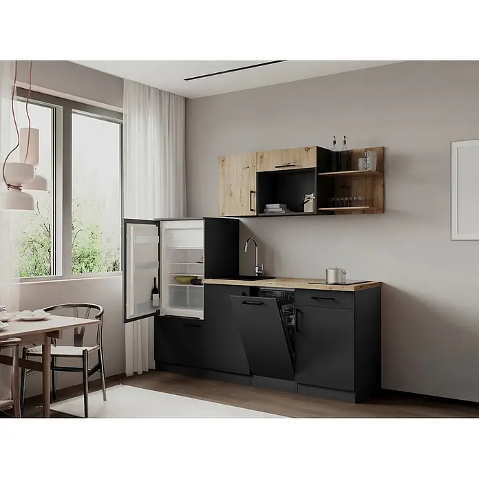 Respekta Oliver Küchenzeile - Breite: 205 cm, Grau/Holz, Mit Elektrogeräten - Kompakte schwarze Küchenzeile mit Holzarbeitsplatten und Holz/schwarzen Oberschränken, integrierten Geräten, in modernem Interieur.