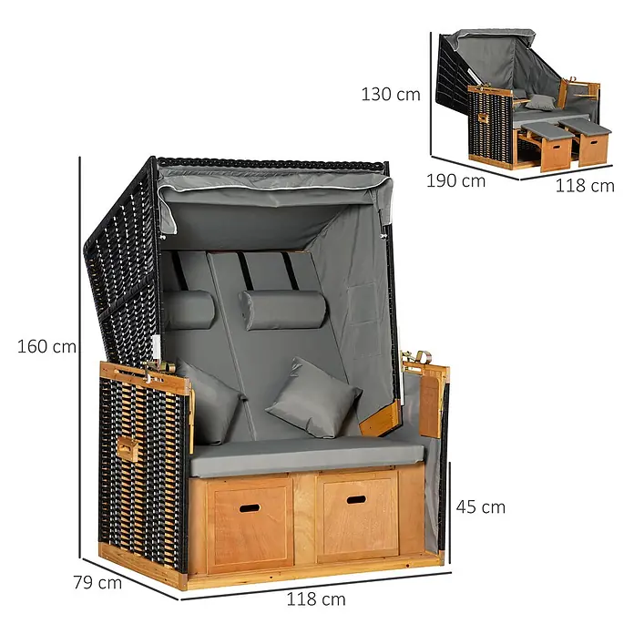 Outsunny Strandstuhl - Holz, PE-Ratten, Polyester, Schaumstoff, Ausziehbar, Hellgrau, B x T x H: 79 x 190 x 160 cm - Ein dunkler geflochtener Strandkorb aus Holz mit grauen Polstern, verstellbarer Rückenlehne, ausziehbaren Fußstützen und Schubladen.