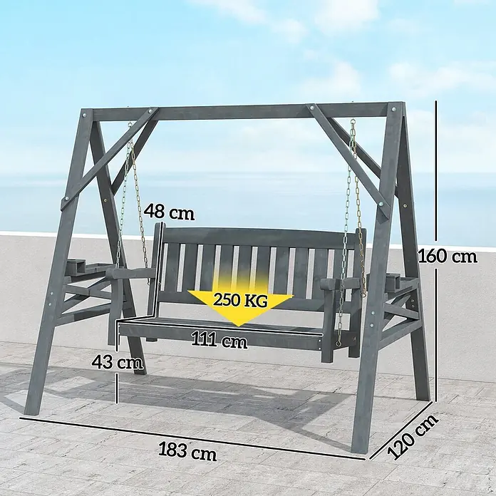 Outsunny Hängebank - B x T x H: 120 x 120 x 160 cm, Tannenholz, Metall, Grau - Graue Holz-Gartenschaukelbank für den Außenbereich. Gesamt L 183 cm, H 160 cm, Sitz B 111 cm, max. Belastung 250 kg.