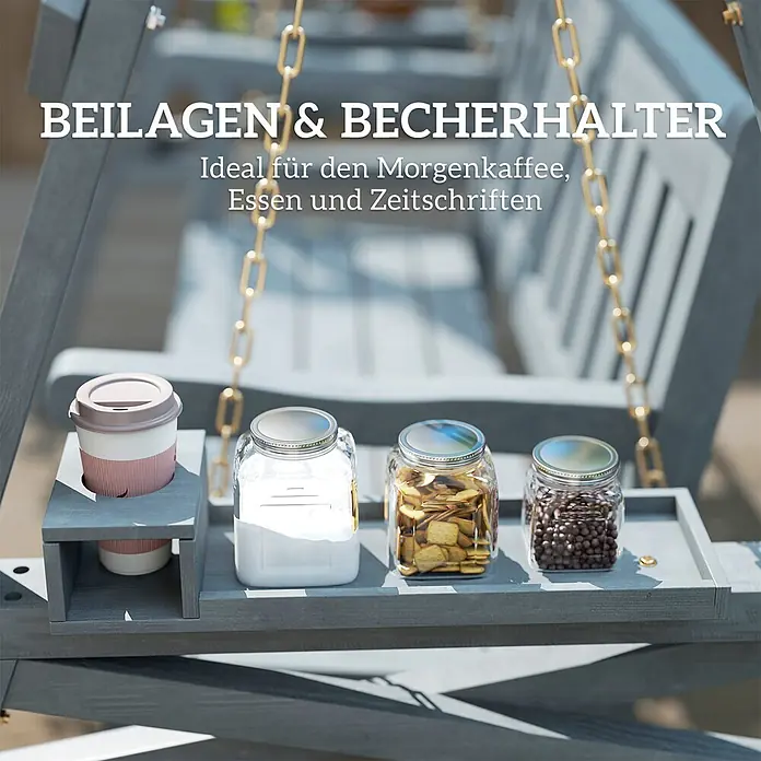 Outsunny Hängebank - B x T x H: 120 x 120 x 160 cm, Tannenholz, Metall, Grau - Grauer Holztisch mit integriertem Becherhalter, ideal für Kaffee, Snacks und Zeitschriften auf Gartenmöbeln.