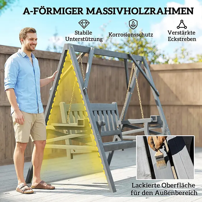 Outsunny Hängebank - B x T x H: 120 x 120 x 160 cm, Tannenholz, Metall, Grau - Mann steht neben grauem A-förmigem Massivholzschaukelrahmen für den Außenbereich.