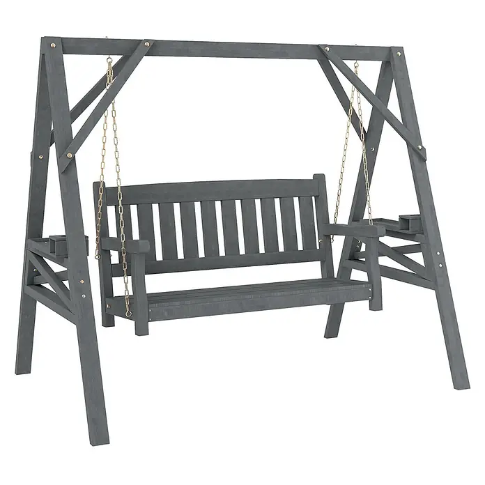 Outsunny Hängebank - B x T x H: 120 x 120 x 160 cm, Tannenholz, Metall, Grau - Dunkelgraue Holz-Gartenschaukelbank mit Metallketten, ideal für den Außenbereich.