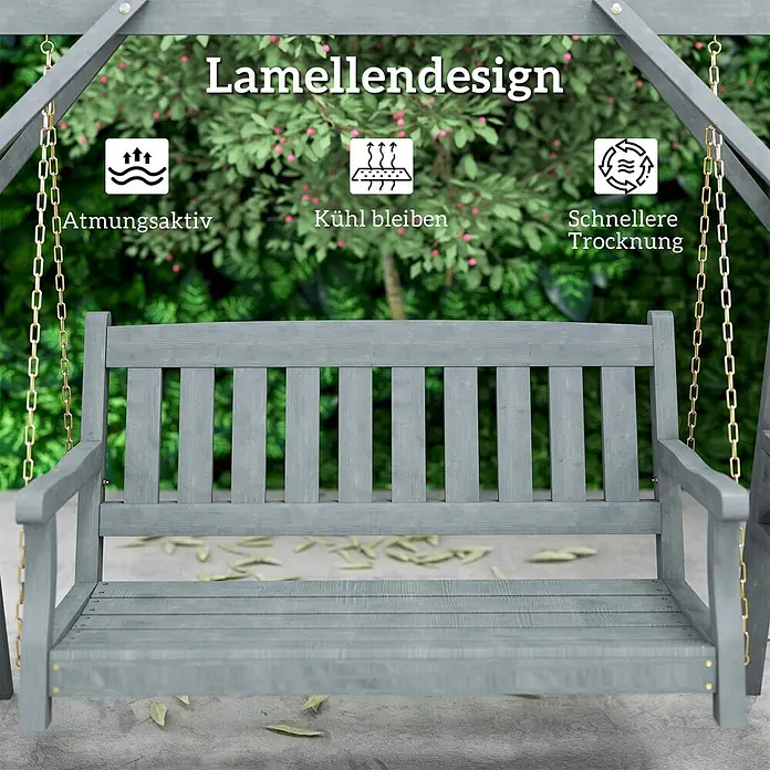 Outsunny Hängebank - B x T x H: 120 x 120 x 160 cm, Tannenholz, Metall, Grau - Graue Holz-Gartenschaukelbank mit Lamellendesign für Atmungsaktivität, Kühlung und schnelle Trocknung im Freien.