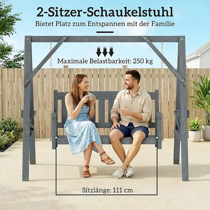 Outsunny Hängebank - B x T x H: 120 x 120 x 160 cm, Tannenholz, Metall, Grau - Grauer 2-Sitzer-Holzschaukelstuhl mit Goldketten, von zwei Personen im Garten genutzt, mit 250 kg Traglast und 111 cm Sitzlänge.