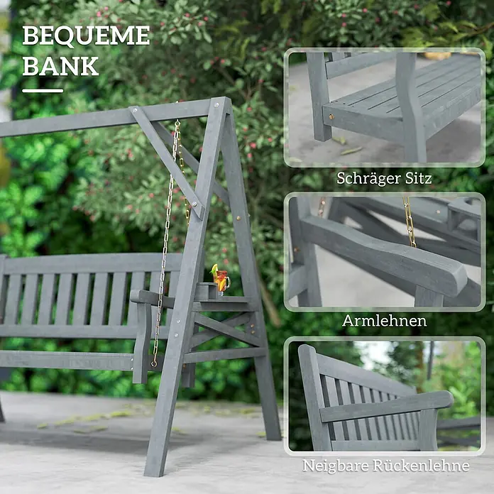 Outsunny Hängebank - B x T x H: 120 x 120 x 160 cm, Tannenholz, Metall, Grau - Bequeme graue Holz-Schaukelbank im Garten, mit Details zu schrägem Sitz, Armlehnen und neigbarer Rückenlehne.