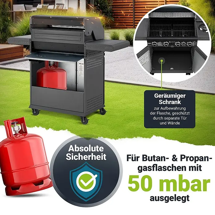 Juskys Gasgrill Savannah - 3 kW, Anzahl Brenner: 5 Stk. - Schwarzer Gasgrill mit roter Gasflasche im geräumigen Schrank, gezeigt im Freien. Merkmale: absolute Sicherheit und 50 mbar Kompatibilität.