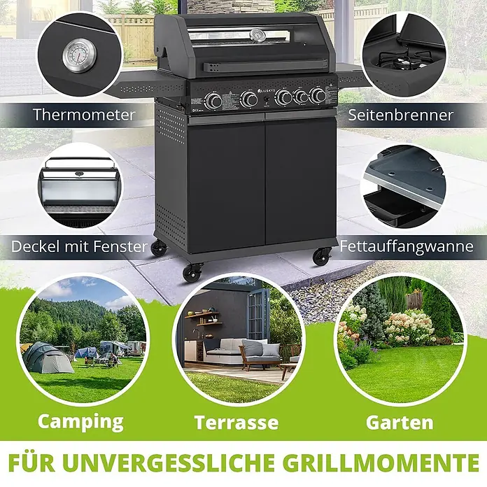 Juskys Gasgrill Savannah - 3 kW, Anzahl Brenner: 5 Stk. - Schwarzer Gasgrill mit Thermometer, Seitenbrenner, Deckelfenster und Fettauffangwanne, gezeigt für Camping, Terrasse und Garten.