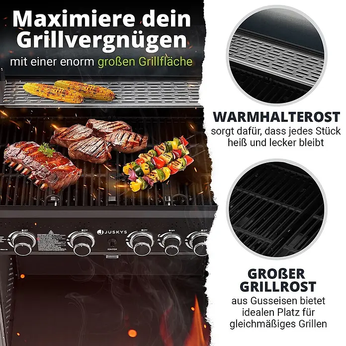 Juskys Gasgrill Savannah - 3 kW, Anzahl Brenner: 5 Stk. - Schwarzer Gasgrill mit Speisen auf großem Gussrost und Warmhalterost.
