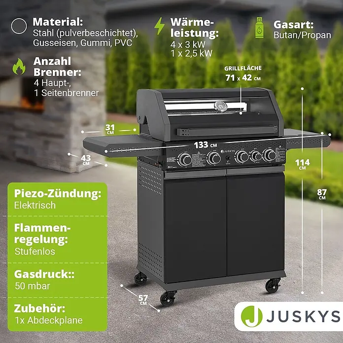 Juskys Gasgrill Savannah - 3 kW, Anzahl Brenner: 5 Stk. - Ein schwarzer JUSKYS Gasgrill mit 4 Haupt- und 1 Seitenbrenner, der seine Merkmale und Abmessungen für den Außeneinsatz zeigt.