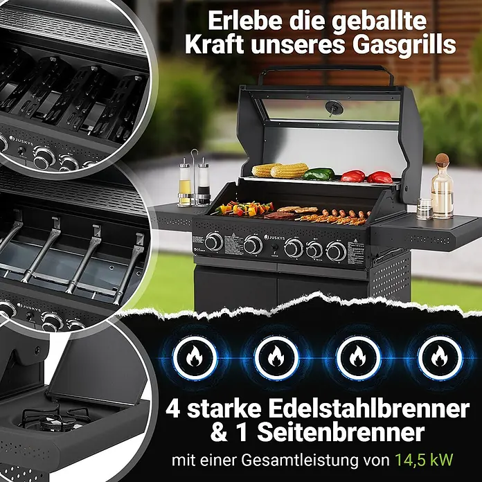 Juskys Gasgrill Savannah - 3 kW, Anzahl Brenner: 5 Stk. - Schwarzer Gasgrill mit 4 Hauptbrennern und 1 Seitenbrenner, beim Grillen von Speisen gezeigt. Gesamtleistung 14,5 kW.