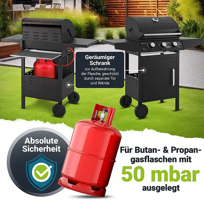 Juskys Gasgrill Louisiana - 8,1 kW, Anzahl Brenner: 3 Stk. - Zwei schwarze Gasgrills mit integrierten Schränken für Gasflaschen. Einer offen mit roter Gasflasche, der andere geschlossen. Geeignet für 50 mbar Butan/Propan.