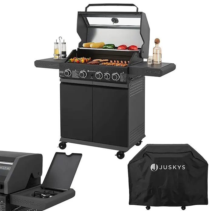 Juskys Gasgrill Savannah - 3 kW, Anzahl Brenner: 5 Stk. - Schwarzer Jusksys Gasgrill mit mehreren Brennern, Speisen und einer separaten schwarzen Abdeckung.