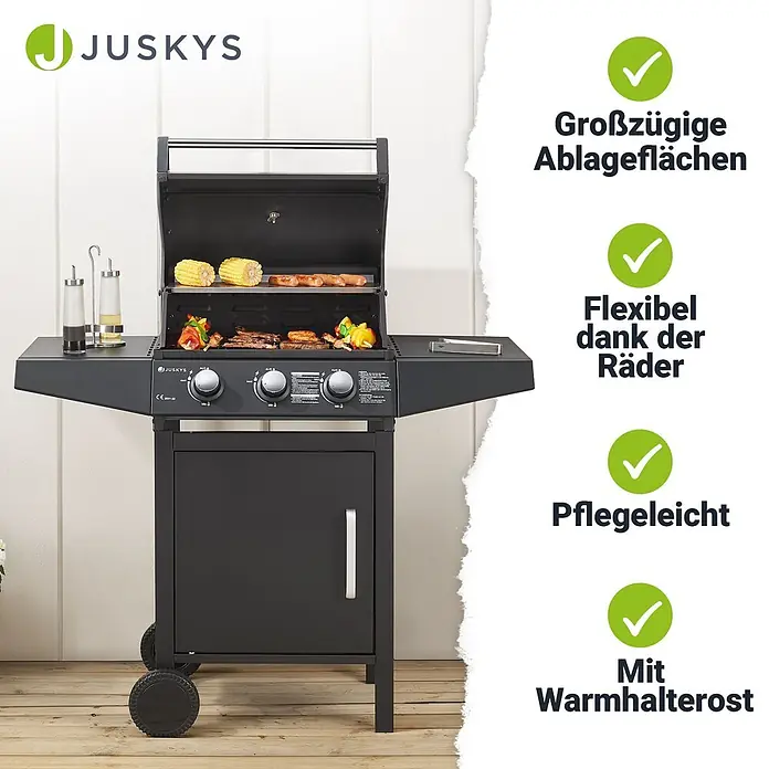 Juskys Gasgrill Louisiana - 8,1 kW, Anzahl Brenner: 3 Stk. - Dunkelgrauer Gasgrill mit Speisen, Warmhalterost, Seitenablagen, Bedienknöpfen und Rädern.