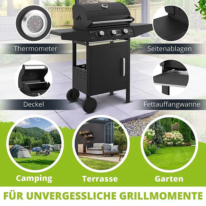 Juskys Gasgrill Louisiana - 8,1 kW, Anzahl Brenner: 3 Stk. - Schwarzer Gasgrill mit Deckel, Seitenablagen, integriertem Thermometer und Rädern.