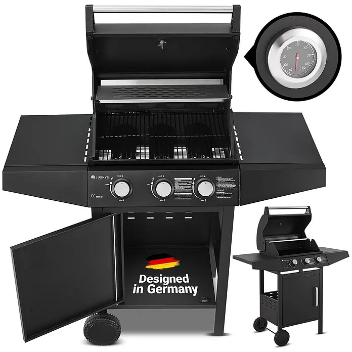 Juskys Gasgrill Louisiana - 8,1 kW, Anzahl Brenner: 3 Stk. - Schwarzer Gasgrill mit 3 Brennern, integriertem Thermometer, Seitenablagen und fahrbarem Unterschrank.