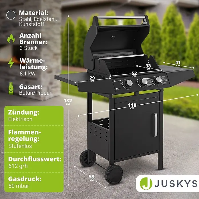 Juskys Gasgrill Louisiana - 8,1 kW, Anzahl Brenner: 3 Stk. - Schwarzer Gasgrill mit 3 Brennern, Seitenablagen und Rädern, im Freien dargestellt. Aus Stahl, Edelstahl und Kunststoff.