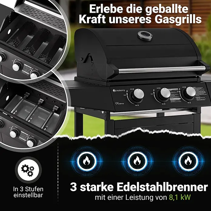 Juskys Gasgrill Louisiana - 8,1 kW, Anzahl Brenner: 3 Stk.