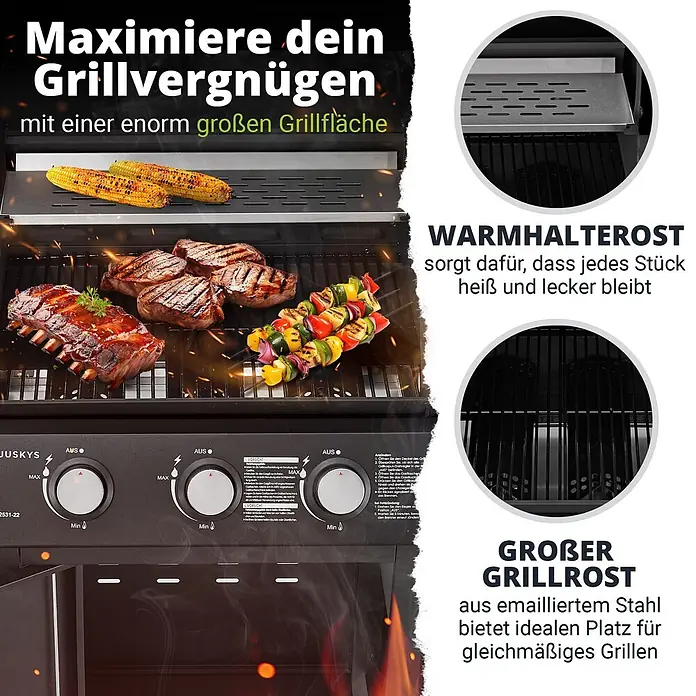 Juskys Gasgrill Louisiana - 8,1 kW, Anzahl Brenner: 3 Stk. - Ein schwarzer Gasgrill mit großer Grillfläche, auf der Steaks, Rippchen, Mais und Gemüsespieße braten. Er hat einen Warmhalterost und Bedienknöpfe.