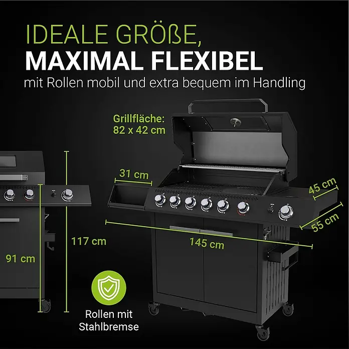 Juskys Gasgrill Tennessee - 21,5 kW, Anzahl Brenner: 6 Stk. - Schwarzer Gasgrill mit Maßen: 145x117x55 cm, Grillfläche 82x42 cm, mobil auf Rollen mit Stahlbremse für flexible Handhabung.