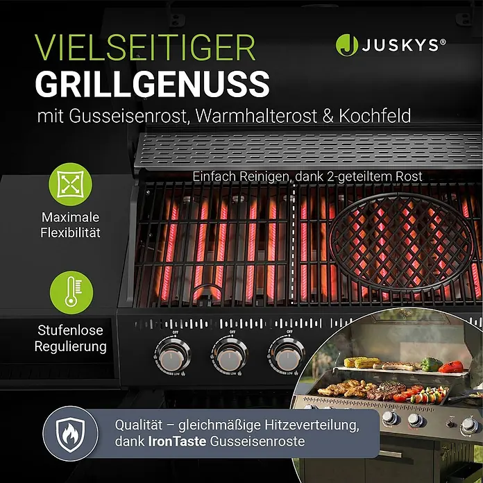 Juskys Gasgrill Tennessee - 21,5 kW, Anzahl Brenner: 6 Stk. - Schwarzer Gasgrill mit Gusseisenrosten, Warmhalterost und Kochfeld, für vielseitigen Grillgenuss und gleichmäßige Hitzeverteilung.