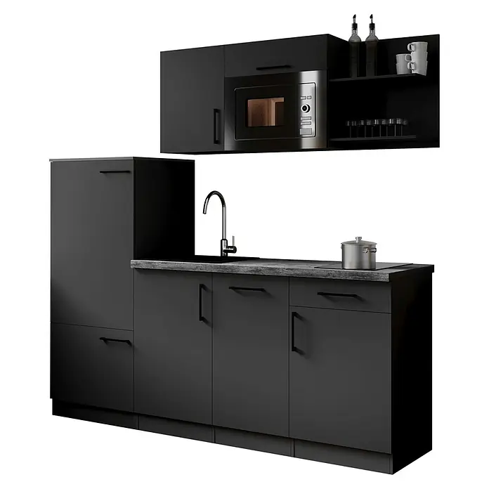 Respekta Oliver Küchenzeile - Breite: 205 cm, Grau, Mit Elektrogeräten, mit Mikrowelle - Moderne schwarze Küche mit Ober- und Unterschränken, Spüle, Mikrowelle und Kochfeld, mit dunkler Arbeitsplatte.