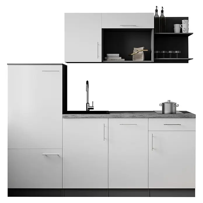 Respekta Oliver Küchenzeile - Breite: 205 cm, Weiß, Mit Elektrogeräten - Moderne weiße Küchenzeile mit dunkelgrauen Arbeitsplatten, Spüle, Kochfeld und Oberschränken.