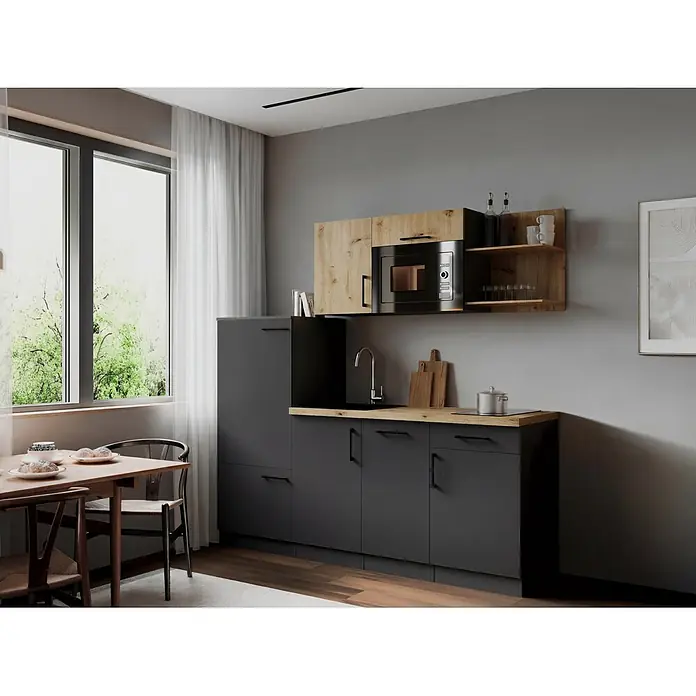 Respekta Oliver Küchenzeile - Breite: 205 cm, Grau/Holz, Mit Elektrogeräten, mit Mikrowelle - Kompakte moderne Küche mit dunkelgrauen Schränken, heller Holz-Arbeitsplatte und Oberschränken, sowie integrierter Mikrowelle im Apartment.
