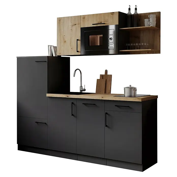 Respekta Oliver Küchenzeile - Breite: 205 cm, Grau/Holz, Mit Elektrogeräten, mit Mikrowelle - Moderne dunkelgraue Küche mit hellen Holz-Arbeitsplatten und Oberschränken, inkl. Mikrowelle, Spüle und Kochfeld.