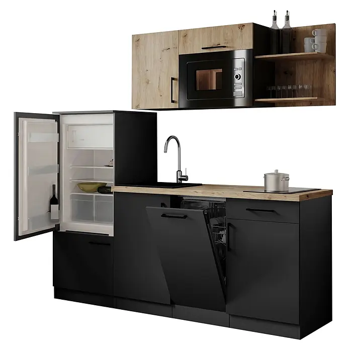 Respekta Oliver Küchenzeile - Breite: 205 cm, Grau/Holz, Mit Elektrogeräten, mit Mikrowelle - Kompakte schwarze Küchenzeile mit heller Holzplatte, integriertem Kühlschrank, Geschirrspüler und Mikrowelle. Inklusive Wandregale.