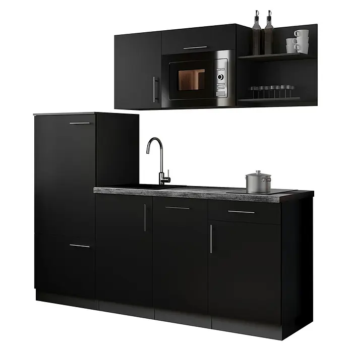 Respekta Oliver Küchenzeile - Breite: 205 cm, Schwarz, Mit Elektrogeräten, mit Mikrowelle - Moderne schwarze Küche mit Ober- und Unterschränken, eingebauter Mikrowelle, Spüle, Kochfeld und offenen Regalen.