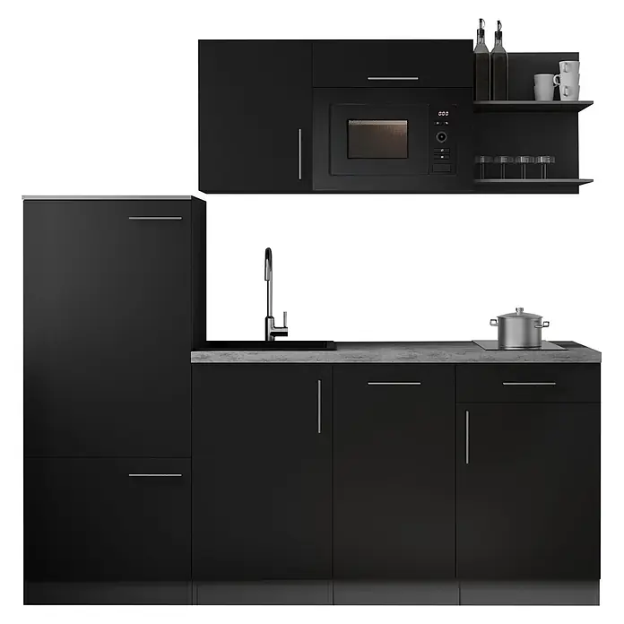 Respekta Oliver Küchenzeile - Breite: 205 cm, Schwarz, Mit Elektrogeräten, mit Mikrowelle - Modernes schwarzes Küchenschrank-Set mit Mikrowelle, Spüle, Kochfeld und Zubehör, mit grauer Arbeitsplatte und silbernen Griffen.