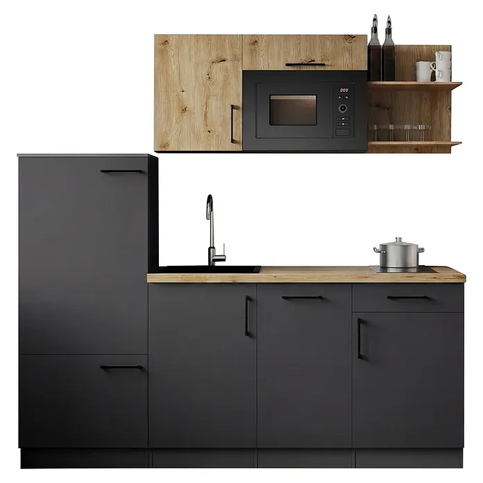Respekta Oliver Küchenzeile - Breite: 205 cm, Grau/Holz, Mit Elektrogeräten, mit Mikrowelle - Moderne Küche mit dunkelgrauen Unterschränken, Oberschränken in Holzoptik und Holztheke, inklusive integrierter Mikrowelle, Spüle und Kochfeld.